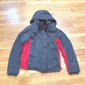 Abercrombie Mens Hooded Puffer Jacket Black Red Colorblock Fleece Lined‎ Medium